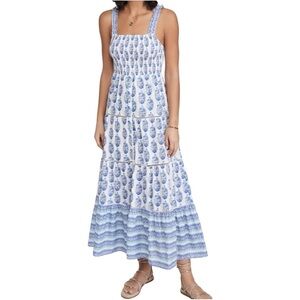 PLAYA LUCILA Smock Border Dress Blue+White Floral Sleeveless Tiered Maxi Small
